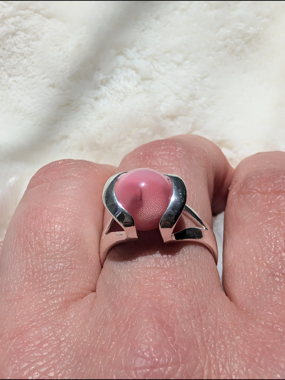 925 Sterling Silver Pink Cat’s Eye Cabochon Statement Ring Size 7.5